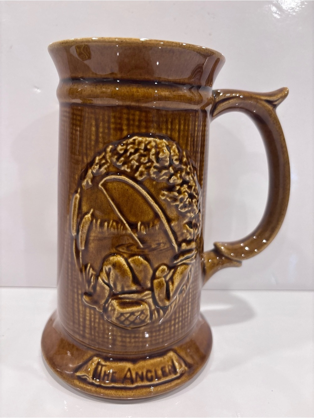 Vintage Kingston pottery England fishing tankard mug/beer stein brown stoneware